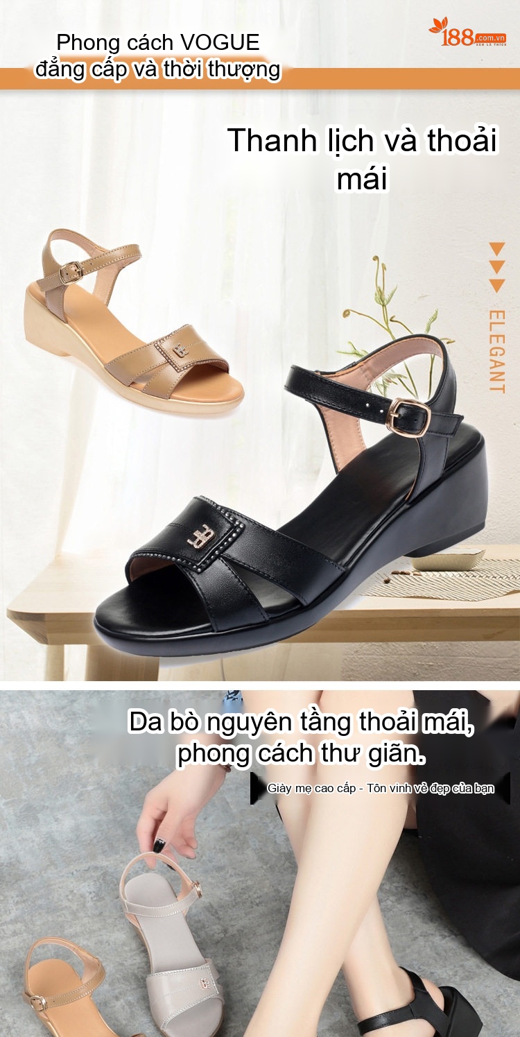 Dép Sandal Nữ Quai Ngang Đế Xuồng Da Mềm Đế Cao 4cm - 5cm Màu Kem, Đen, Nâu chi tiết 1