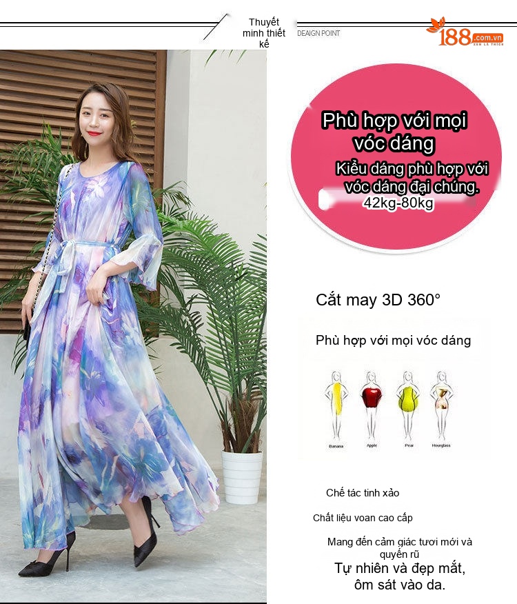 Váy Dài Nữ Tay Loa Eo Cao Họa Tiết Bohemian Phong Cách Đi Biển Chất Liệu Voan Màu Xanh Dương, Tím, Trắng chi tiết 2
