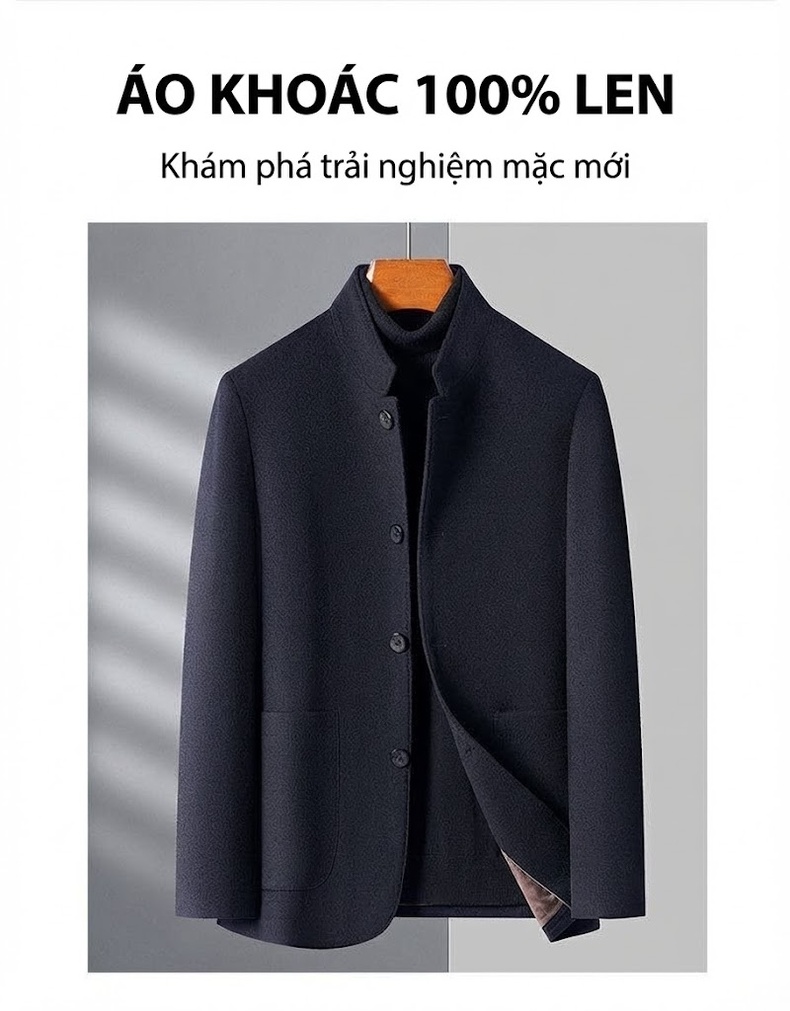 Áo Khoác Dạ Nam 100% Lông Cừu Cổ Trụ Dáng Ngắn Màu Xám Đậm, Xám Nhạt chi tiết 1