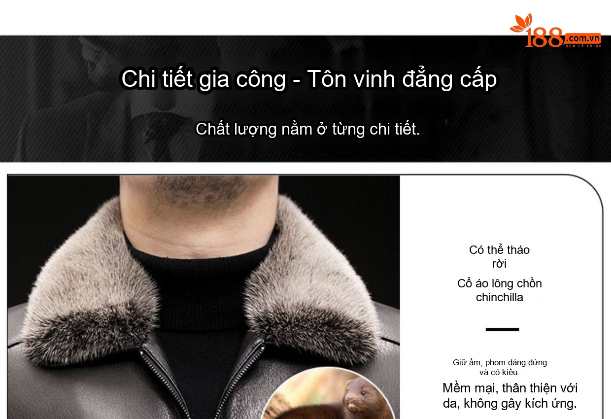 Áo Khoác Da Thật Nam Lót Lông Chồn Cổ Bẻ Da Dê Ngắn Màu Đen chi tiết 4