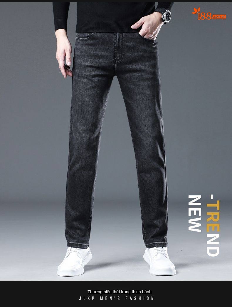 Quần Jean Nam Dáng Suông Vải Cotton Co Giãn Màu Đen Khói chi tiết 19