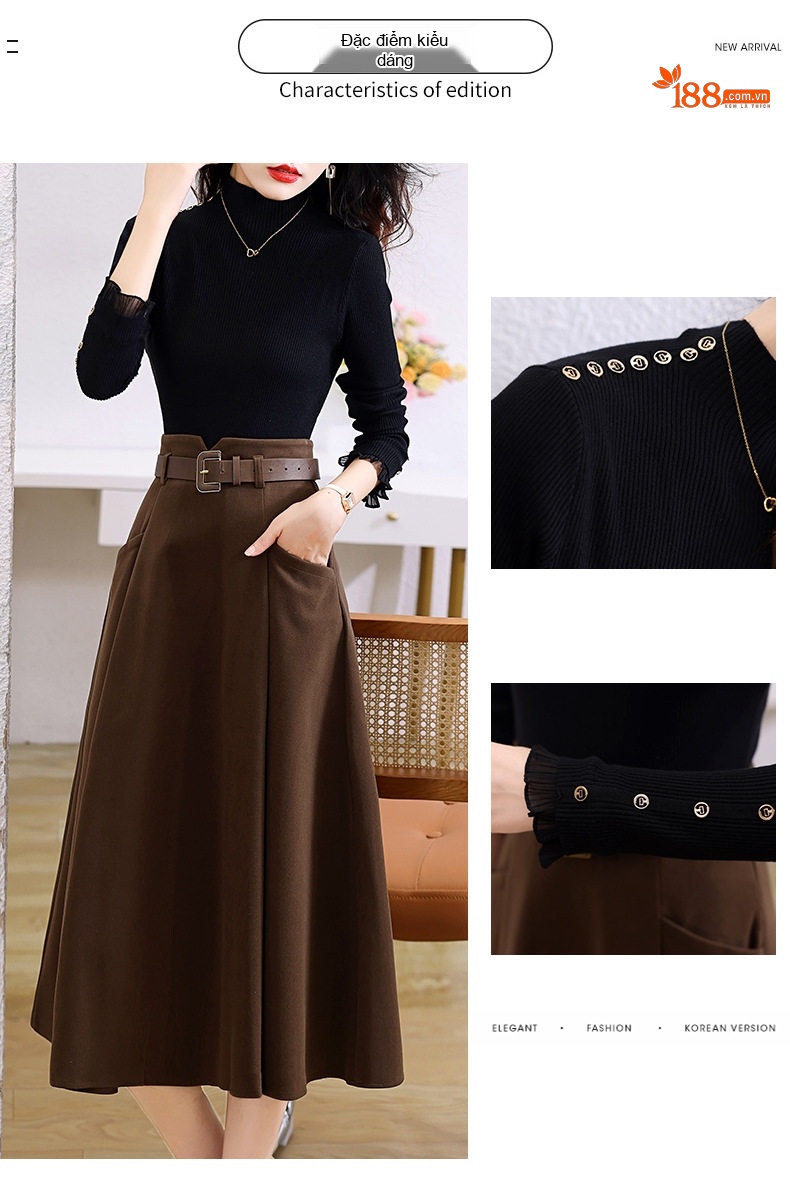 Set Áo Dệt Kim Cổ Lọ Tay Dài và Chân Váy Midi Thanh Lịch Màu Đen, Nâu chi tiết 3
