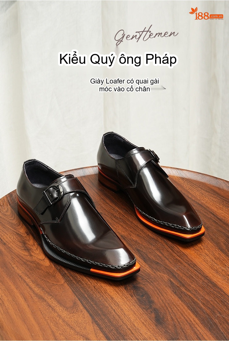 Giày Tây Khóa Cài Nam Da Bóng Mũi Vuông Chiều Cao Đế Khoảng 3cm Màu Đen, Nâu chi tiết 2