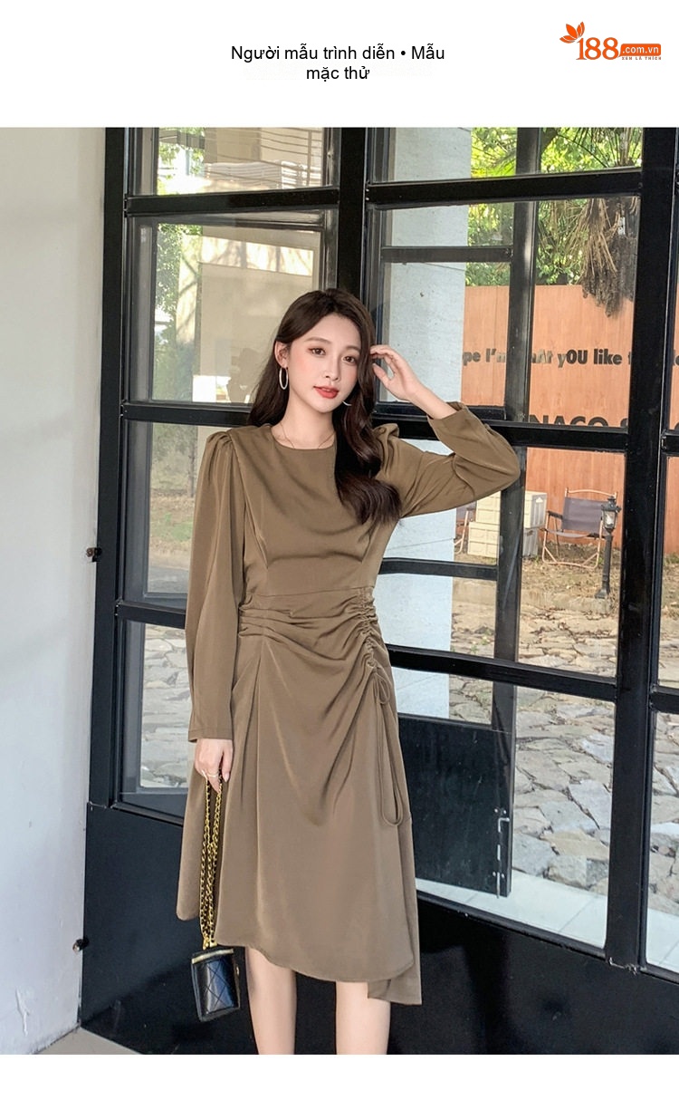 Váy liền thân Nữ Tay Dài Dáng Dài Thu Đông Thiết Kế Nhún Eo Màu Nâu chi tiết 5
