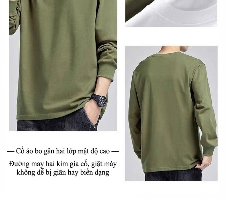 Áo Thun Tay Dài Nam Cotton 270g Cổ Tròn Dáng Rộng Màu Xám, Trắng, Đen, Xanh... chi tiết 19