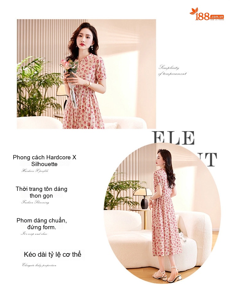 Váy Đầm Nữ Tiểu Thư Cổ chữ V Tay Ngắn Họa Tiết Hoa Nhỏ Thanh Lịch chi tiết 4