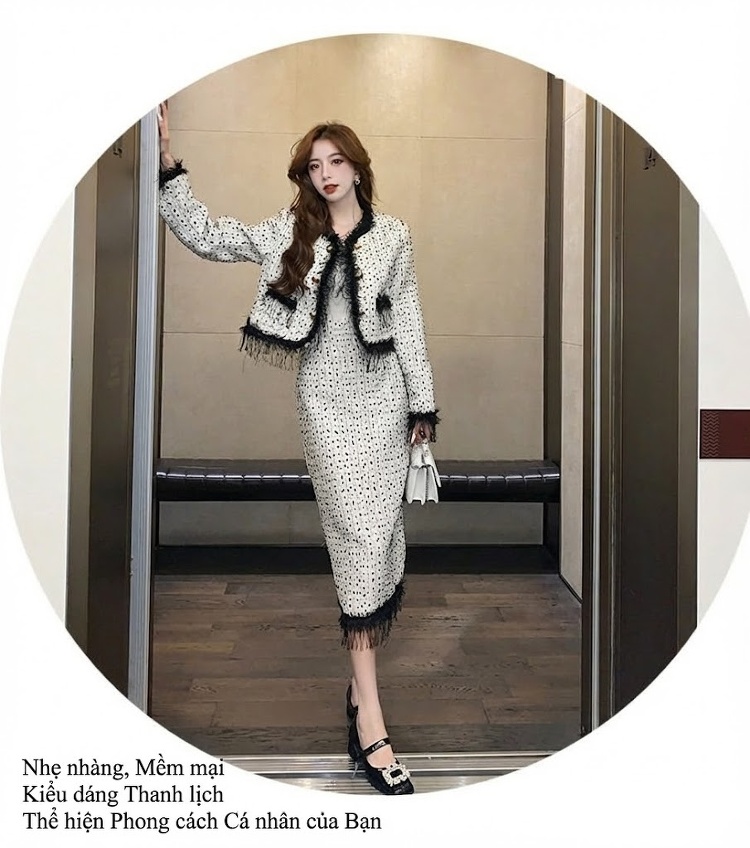 Set Áo Khoác Lửng và Chân Váy Tweed Phong Cách Tiểu Thư Viền Tua Rua Màu Trắng, Đen chi tiết 13