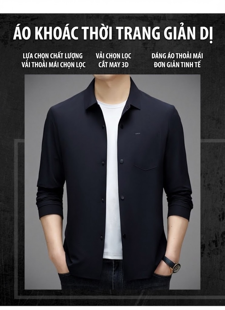 Áo Khoác Nam Trung Niên Mỏng Dáng Rộng Cổ Bẻ Màu Xanh Navy, Be chi tiết 1