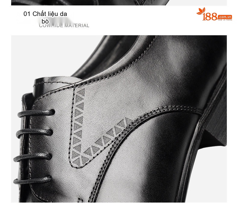 Giày Tây Buộc Dây Nam Da Bò Dập Vân Chiều Cao Đế Khoảng 3cm Màu Đen, Nâu chi tiết 16