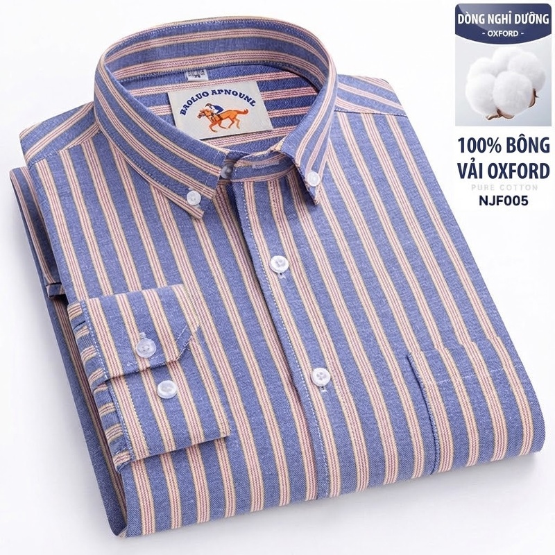 Áo Sơ Mi Nam Tay Dài Oxford Cotton Thoáng Khí Họa Tiết Kẻ Sọc Lớn Màu Xanh Dương, Đen, Trắng, Xám...