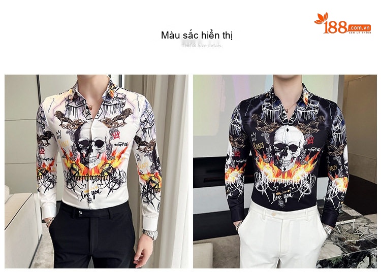 Áo Sơ Mi Nam Dài Tay In Họa Tiết Cá Tính Miễn Bàn Màu Trắng, Đen chi tiết 1