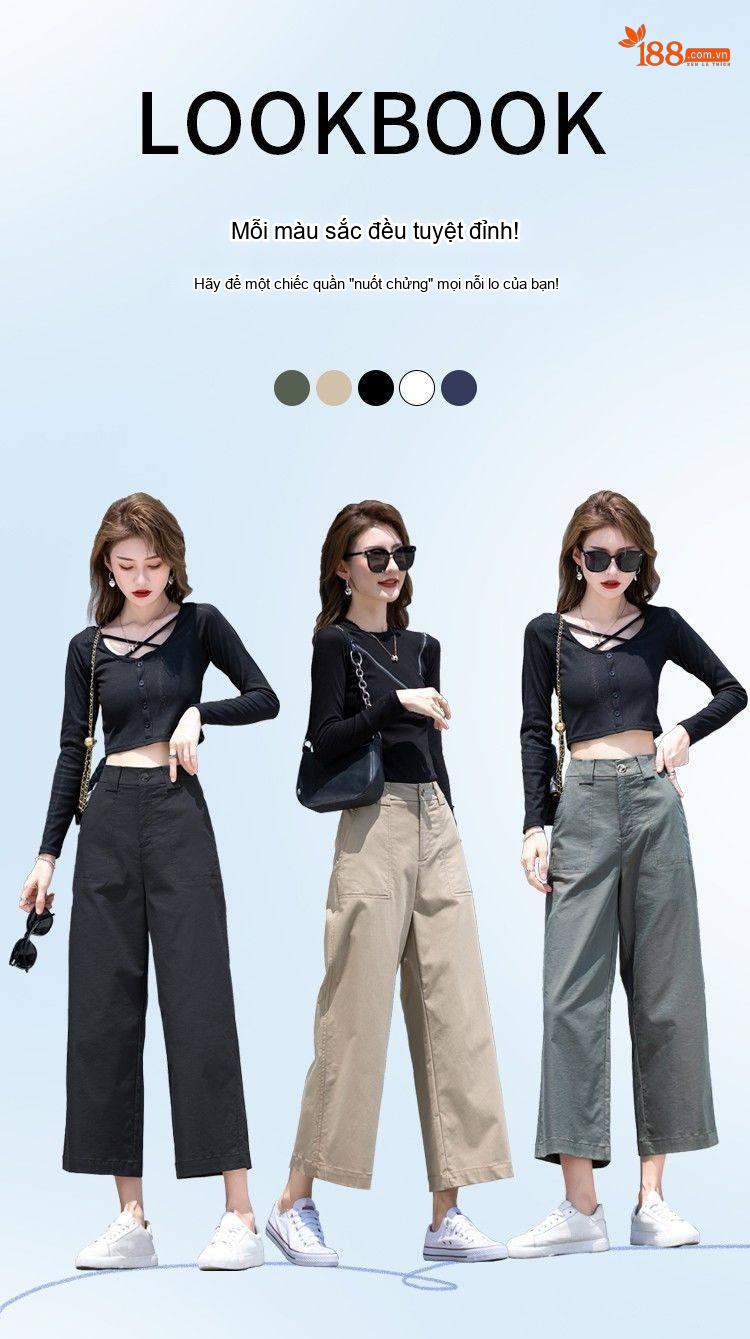 Quần Nữ Ống Rộng Lửng Chất liệu Thiên Sợi Màu Khaki, Xanh Navy, Xanh Rêu chi tiết 5
