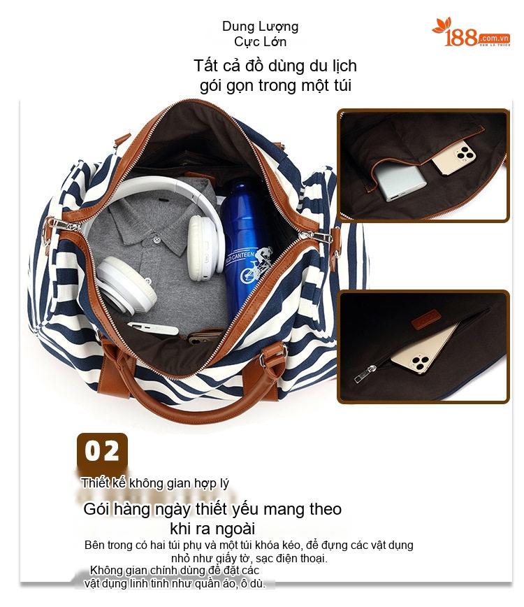 Túi Du Lịch Vải Canvas Chống Nước, Túi Xách Tay, Túi Tập Gym Màu Sọc Xanh Navy, Trắng chi tiết 8