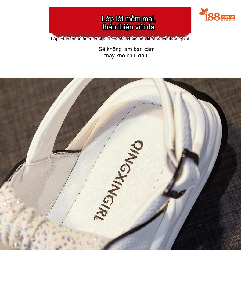 Dép Sandal Nữ Đế Bệt Quai Ngang Đính Đá Đế Cao 4cm - 5cm Màu Trắng, Xanh, Tím chi tiết 11
