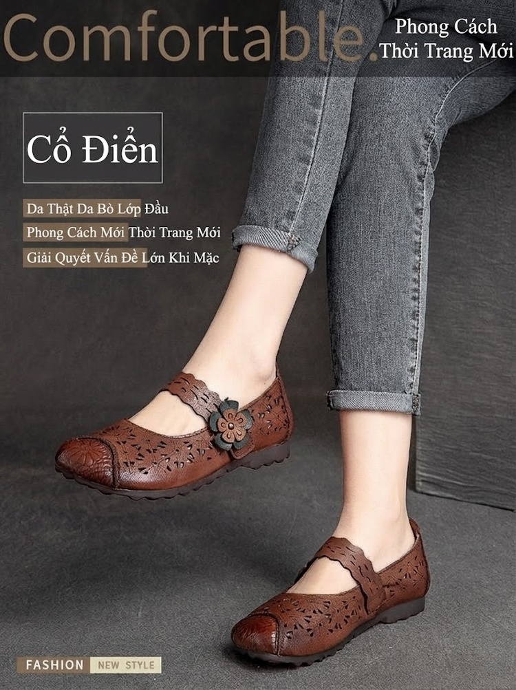 Dép Sandal Nữ Da Bò Lười Xỏ Ngón Lưới Thoáng Khí Đế Cao 3cm - 4cm Màu Nâu, Kem chi tiết 1