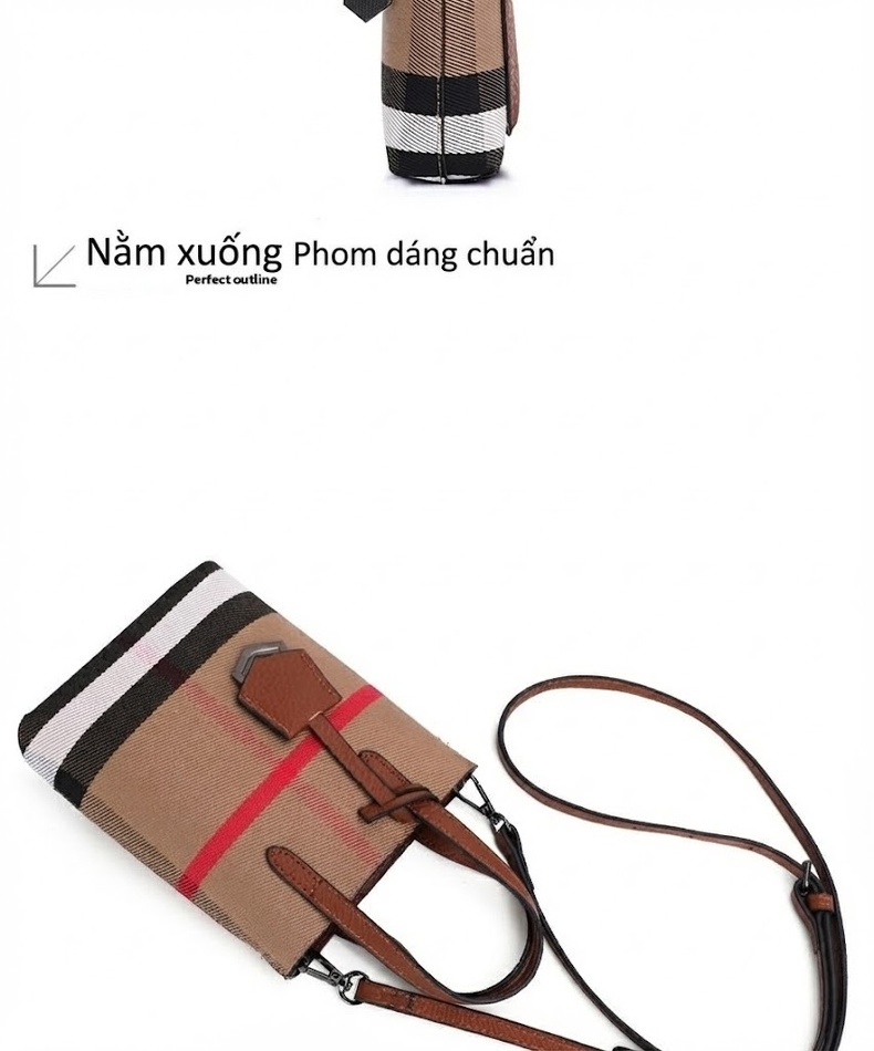 Túi Xách Nữ Vải Canvas Kẻ Ô Có Quai Xách Tay và Đeo Chéo Màu Nâu chi tiết 14