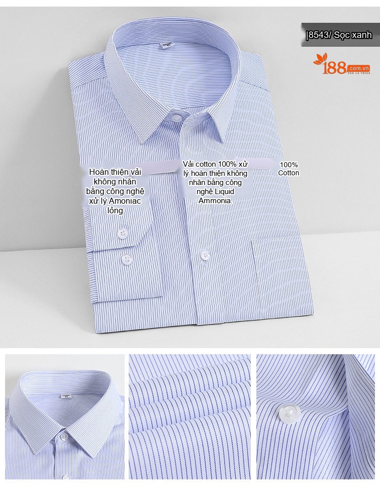 Áo Sơ Mi Dài Tay Nam Cotton Cao Cấp Chống Nhăn Màu Trắng, Xanh Dương, Đen, Đỏ... chi tiết 15