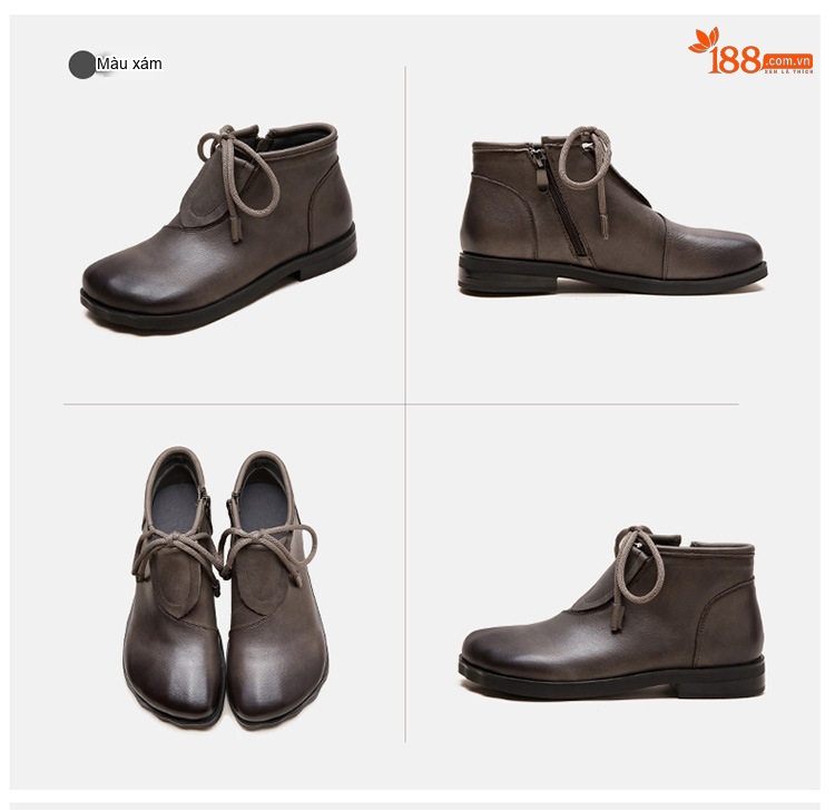 Boot Nữ Cổ Ngắn Da Thật Thắt Dây Chiều Cao Đế Khoảng 2cm Màu Đen, Nâu, Xám chi tiết 19