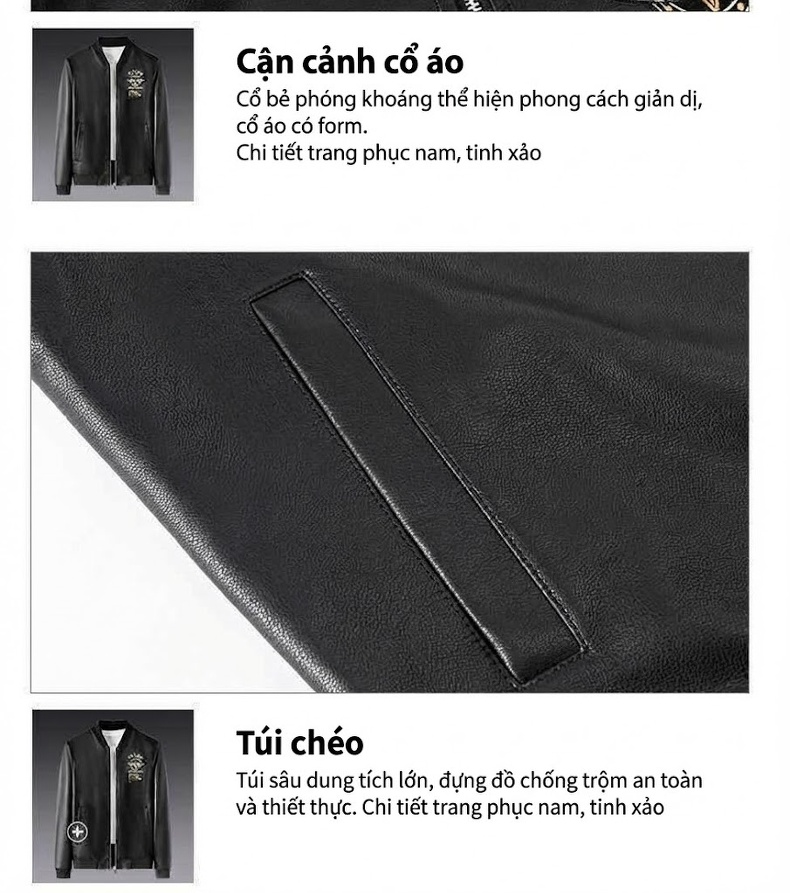 Áo Khoác Da Nam Giả Da Phong Cách Biker Thu Đông Màu Đen, Trắng chi tiết 20