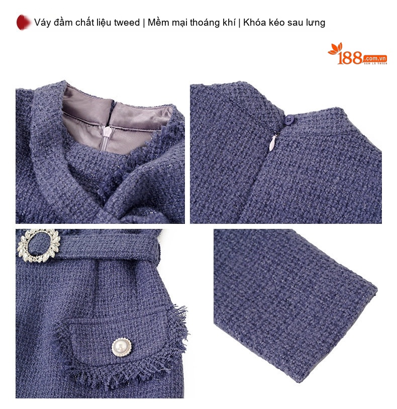 Váy Liền Thân Nữ Tiểu Thư Cổ Nơ Eo Thun Vải Thô Dáng Ôm Màu Tím chi tiết 5