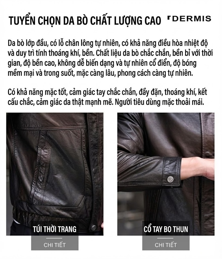 Áo Khoác Da Thật Nam Dáng Ôm Ngắn Kiểu Motor Da Bò Màu Đen chi tiết 3