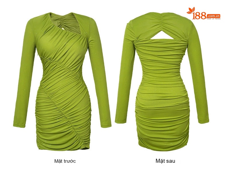 Váy Ôm Body Nữ Dáng Ngắn Tay Dài Cổ Lệch Nhún Bèo Màu Xanh Lá, Đen chi tiết 5