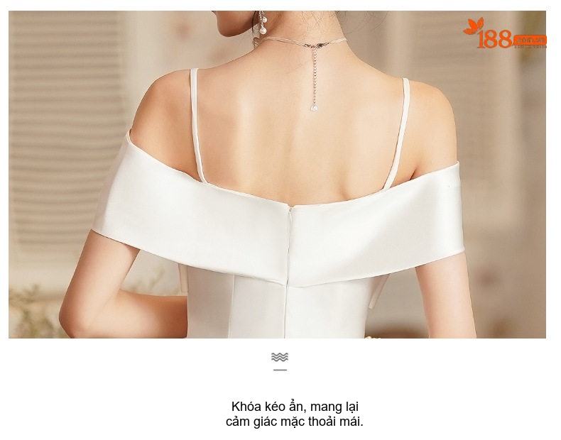 Váy Dạ Hội Nữ dáng chữ A, Hở Vai, Dây Treo, Kiểu Pháp Màu Trắng chi tiết 18