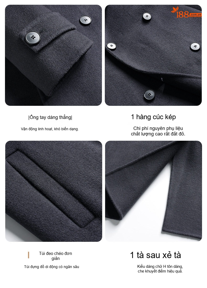 Áo Khoác Dạ Nam Dáng Dài Tay Raglan Hai Hàng Khuy Màu Nâu, Xám Đậm, Đen chi tiết 13