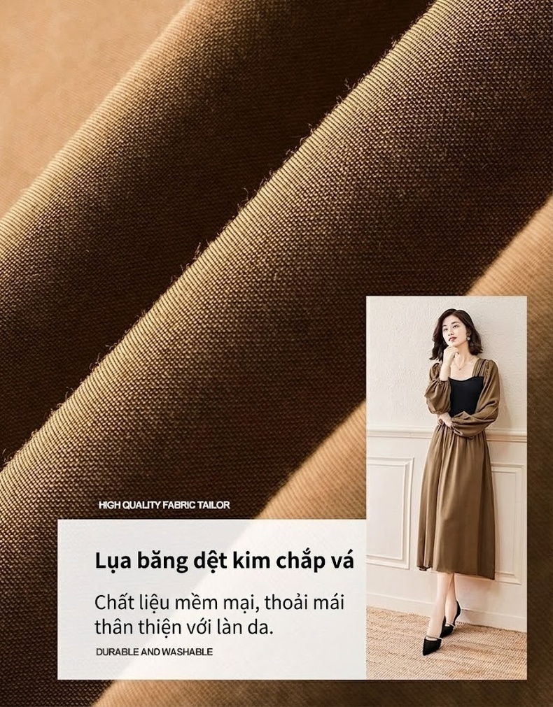 Váy Liền Thân Dáng Dài Tay Dài Thiết Kế Giả Hai Lớp Phong Cách Nữ Tính Màu Nâu, Đen chi tiết 6