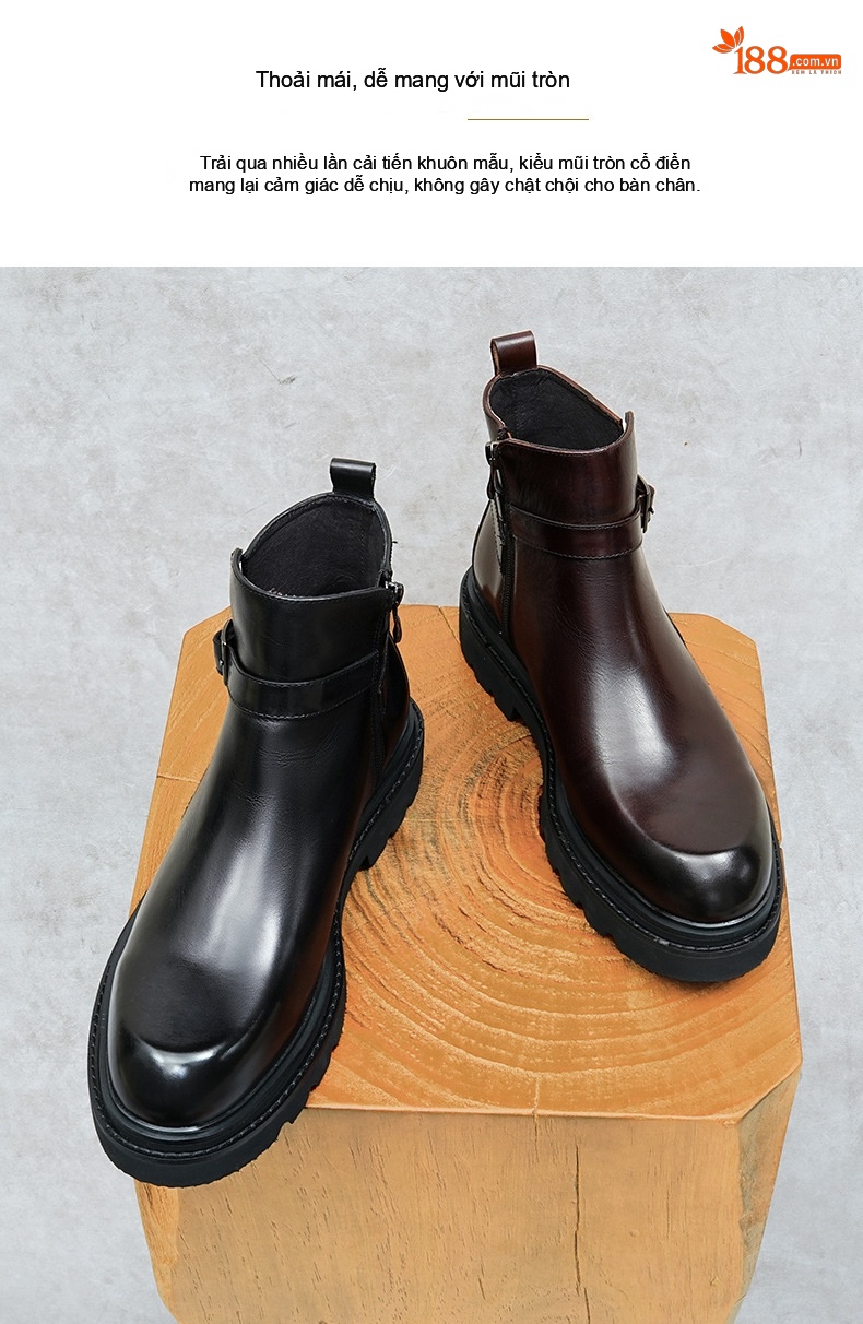 Boot Nam Cao Cổ Da Bò Khóa Cài Phong Cách Anh Quốc Chiều Cao Đế Khoảng 4cm Màu Đen, Nâu Đỏ chi tiết 2