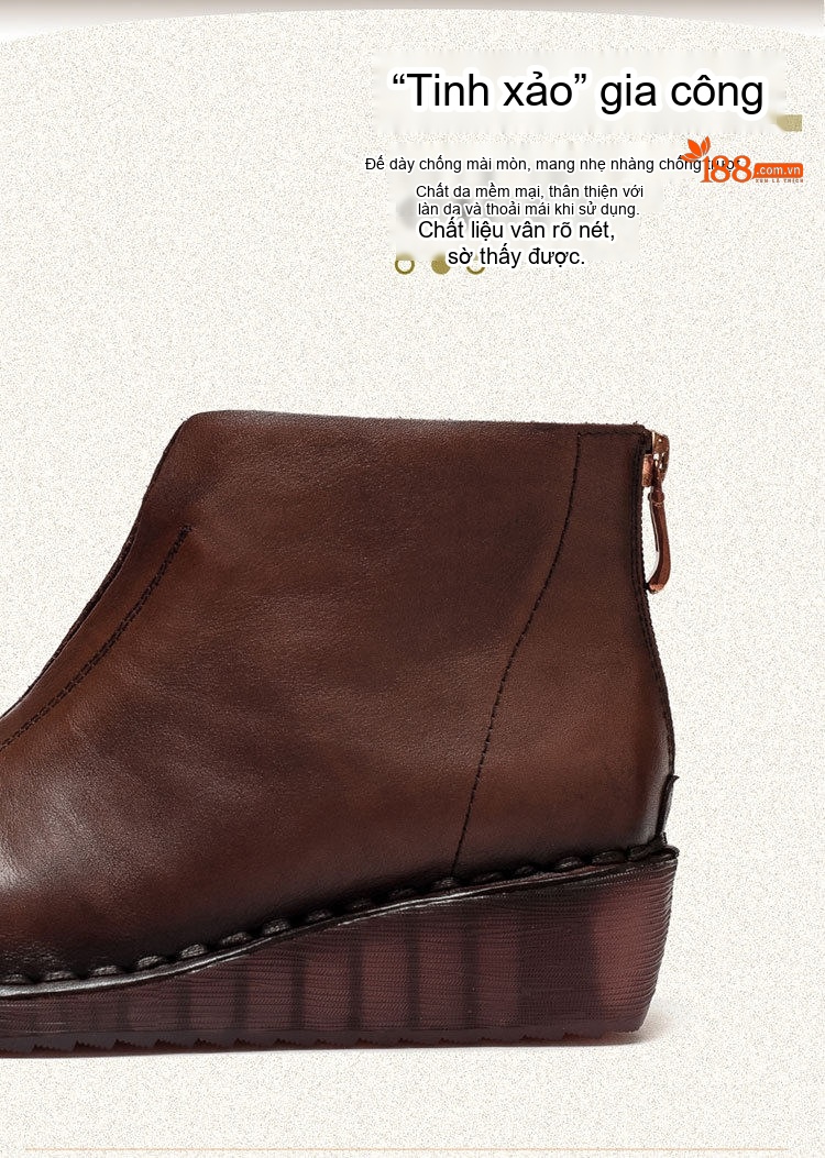 Boot Nữ Da Bò Cổ Ngắn Phong Cách Vintage Chiều Cao Đế Khoảng 3cm Màu Nâu, Đen chi tiết 4