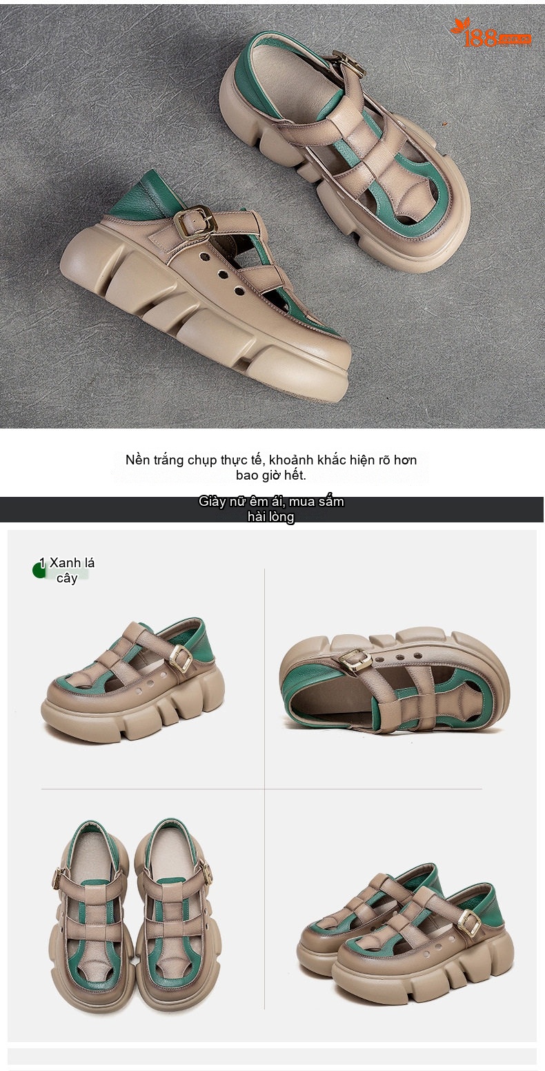 Dép Sandal Nữ Da Bò Quai Hậu Khóa Cài Đế Cao 4cm - 5cm Màu Be, Nâu, Xanh Lá chi tiết 15