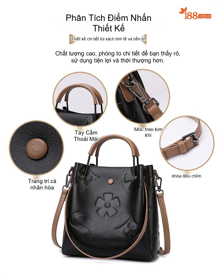 Túi Xách Nữ Da Bóng Đeo Vai Công Sở Tote Bucket Lớn Màu Đen, Nâu chi tiết 7