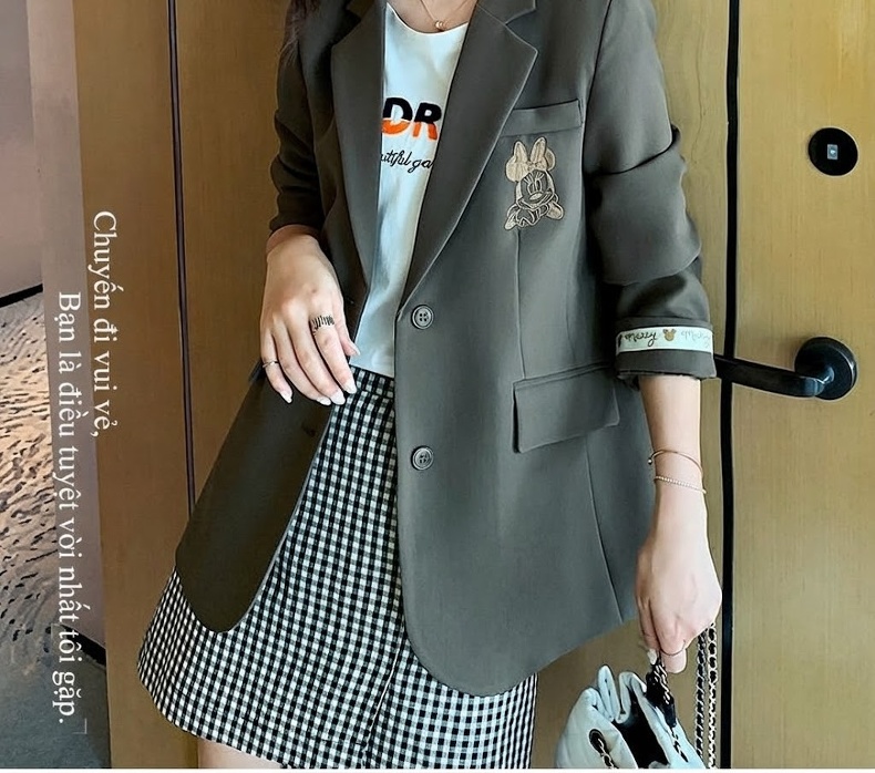 Áo Khoác Blazer Nữ Thêu Mickey Kiểu Hàn Quốc Màu Nâu chi tiết 22