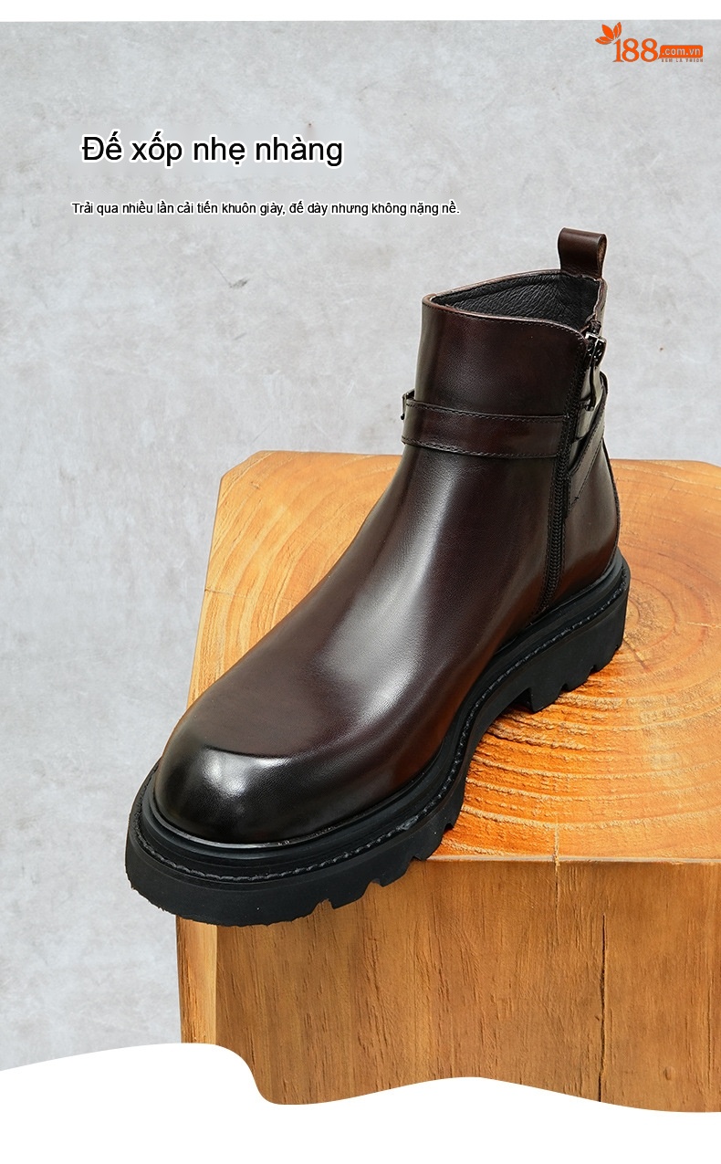 Boot Nam Cao Cổ Da Bò Khóa Cài Phong Cách Anh Quốc Chiều Cao Đế Khoảng 4cm Màu Đen, Nâu Đỏ chi tiết 8