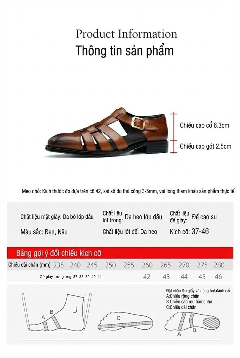 Giày Sandal Rọ Nam Da Thật Phong Cách Retro Chiều Cao Đế Khoảng 2cm Màu Đen, Nâu chi tiết 6