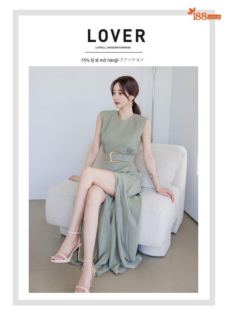 Jumpsuit Nữ Không Tay Cổ Tròn Dáng Dài Xẻ Tà Chiết Eo Màu Xanh Lá chi tiết 1