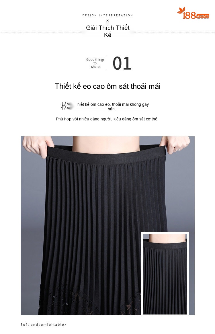 Chân Váy Midi Xếp Ly Ren Lưới Phong Cách Hàn Quốc Màu Đen chi tiết 14