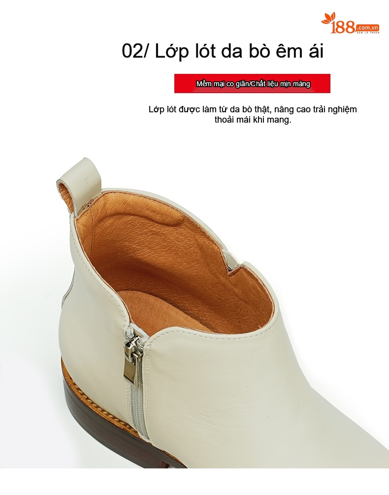 Boot Da Bò Cổ Cao Có Khóa Kéo Chiều Cao Đế Khoảng 3cm Màu Trắng chi tiết 7