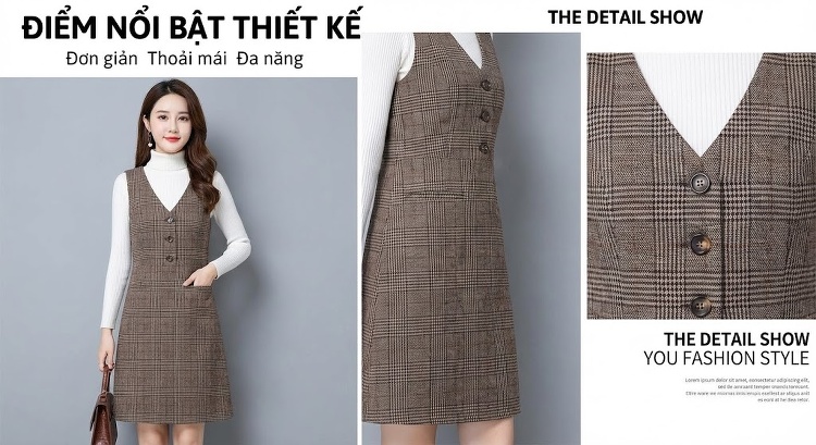 Set Áo Dệt Kim Tay Dài Cổ Lọ Và Váy Yếm Dây Đeo Caro dáng chữ A Màu Nâu, Xanh chi tiết 5
