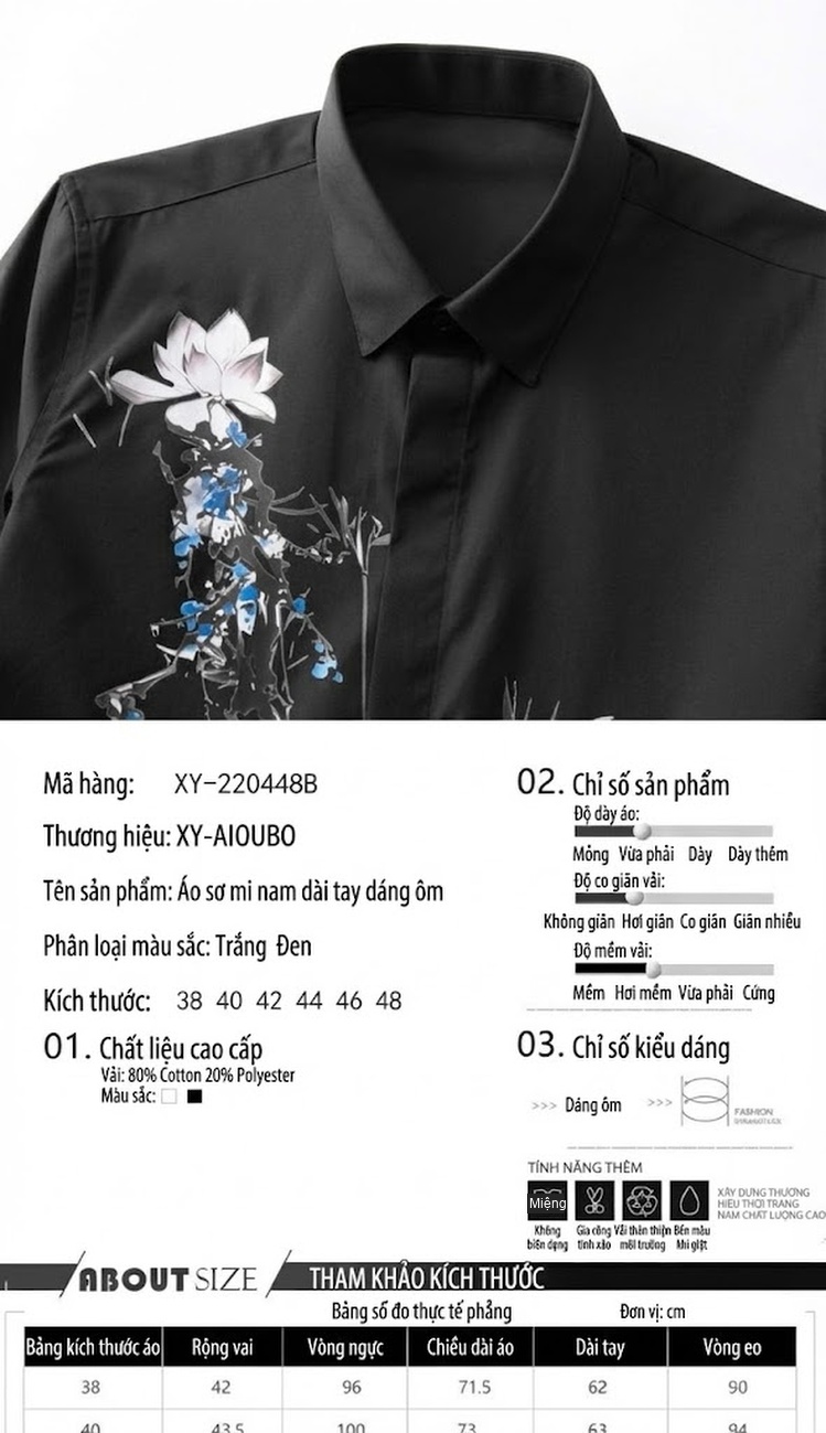 Áo Sơ Mi Nam Tay Dài Cotton In Hoa Văn Phong Cách Trung Quốc Màu Trắng, Đen chi tiết 2