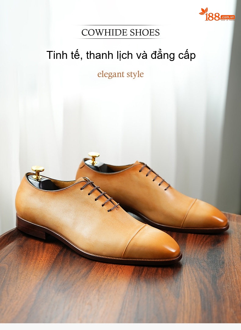 Giày Tây Oxford Nam Da Bò Thật Chiều Cao Đế Khoảng 3cm Màu Nâu Vàng, Đen chi tiết 1