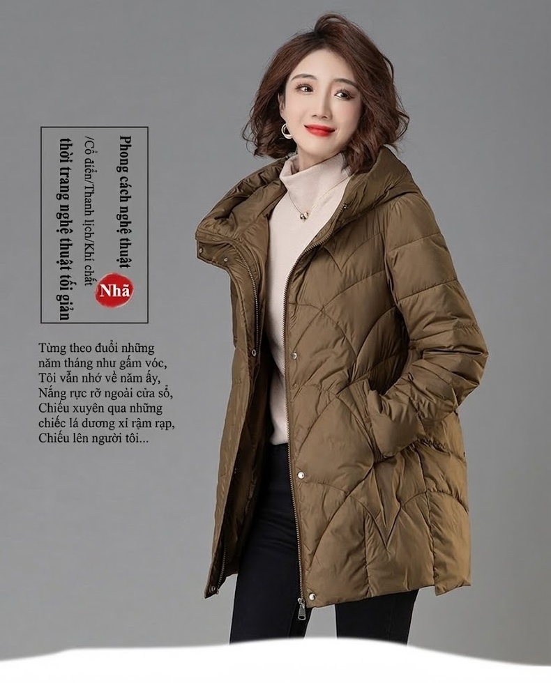 Áo Khoác Phao Nữ Dáng Dài Vừa Có Mũ Trùm Đầu Cotton Dày Dặn Giữ Ấm Màu Đen, Đỏ, Nâu, Vàng... chi tiết 1