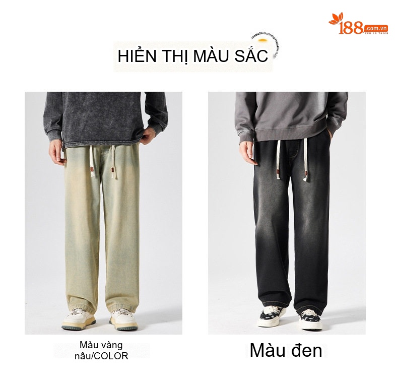 Quần Jean Nam Ống Rộng Retro Khóa Dây Rút Phong Cách Mỹ Màu Xanh, Đen chi tiết 3