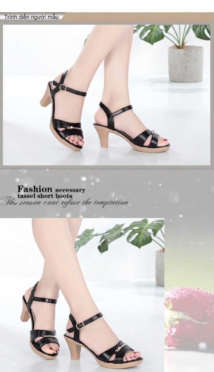 Giày Sandal Cao Gót Nữ Quai Ngang Gót Vuông Da Mờ Gót Cao 7cm - 8cm Màu Kem, Đen chi tiết 10