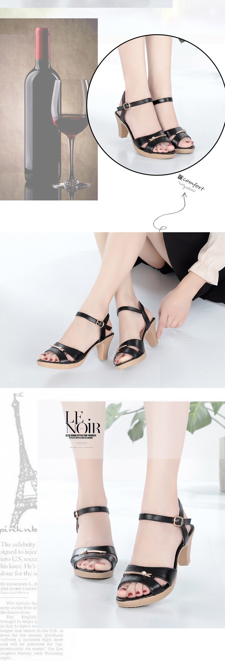 Giày Sandal Cao Gót Nữ Quai Ngang Gót Vuông Da Mờ Gót Cao 7cm - 8cm Màu Kem, Đen chi tiết 11