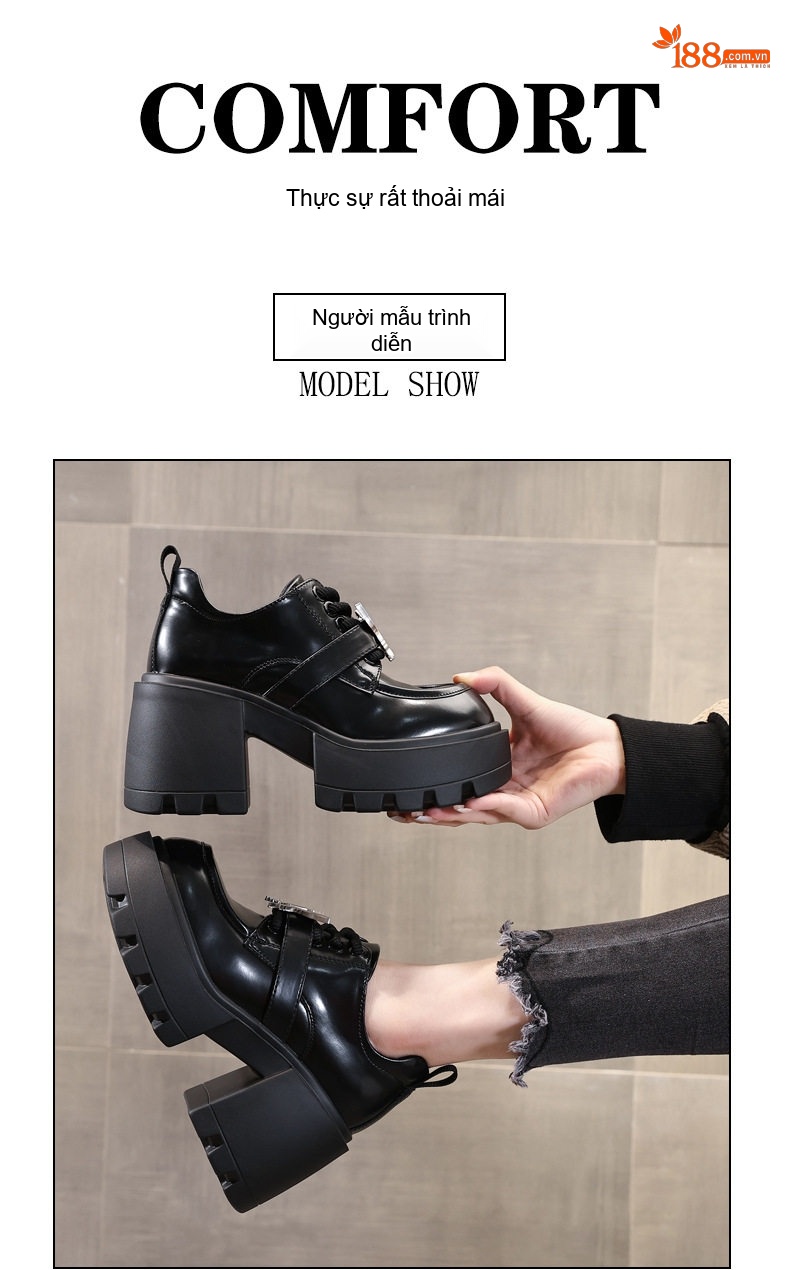 Giày Loafer Nữ Da Bóng Đế Cao Gót 8cm Màu Đen, Nâu chi tiết 13