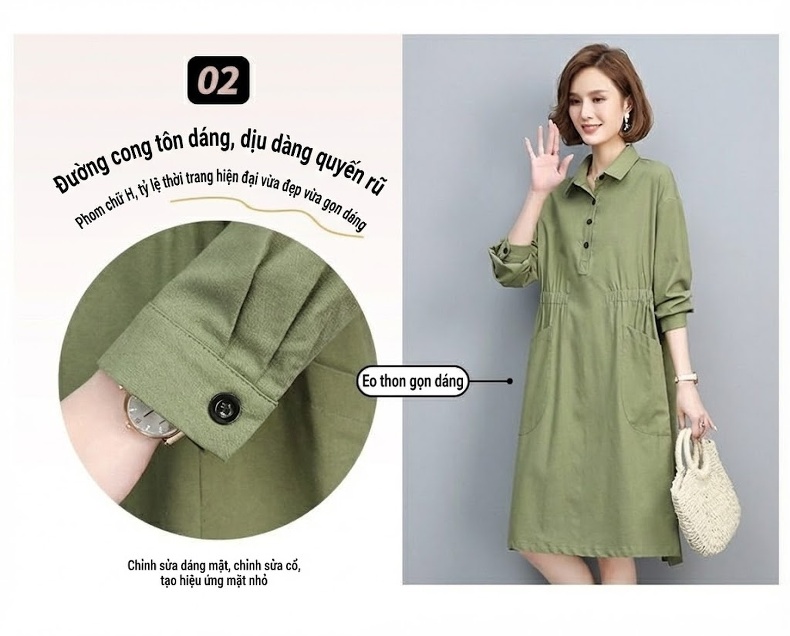 Váy Dài Tay Cotton Linen Dáng Suông Che Bụng Phong Cách Casual Màu Xanh Rêu, Đen chi tiết 3