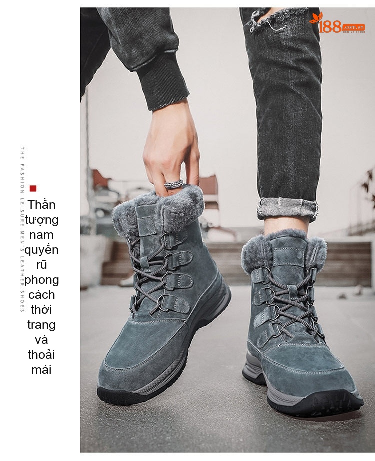 Giày Boot Nam Cổ Cao Da Mờ Lót Lông Chiều Cao Đế Khoảng 3cm Màu Đen, Xám, Xanh Rêu chi tiết 19