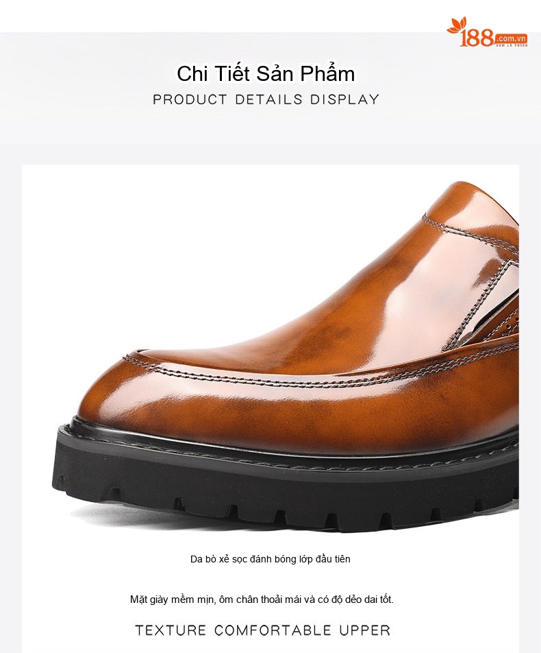 Giày Lười Nam Da Bò Bóng Chiều Cao Đế Khoảng 4cm Màu Đen, Nâu chi tiết 3